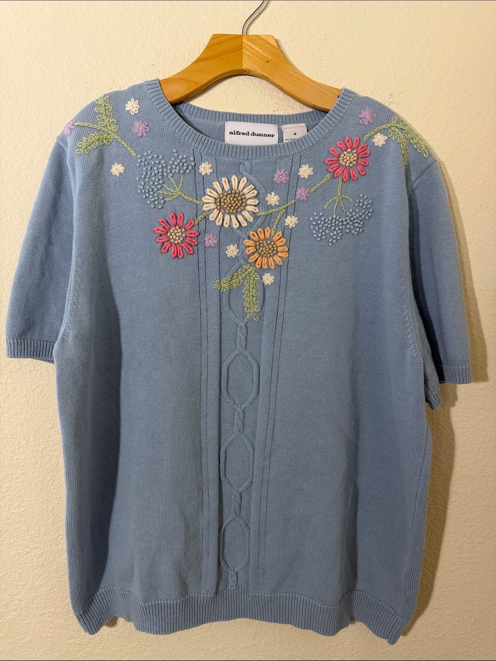 VTG Aesthetic Alfred Dunner Pastel Floral Embroidered Cable Knit Sweater Blue M